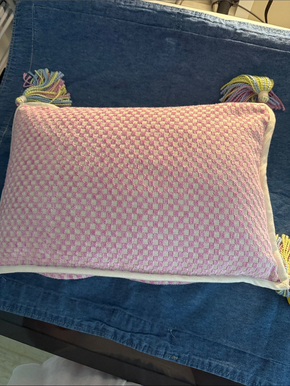 Pink and Cream Woven Decorative Pillow with Tassels